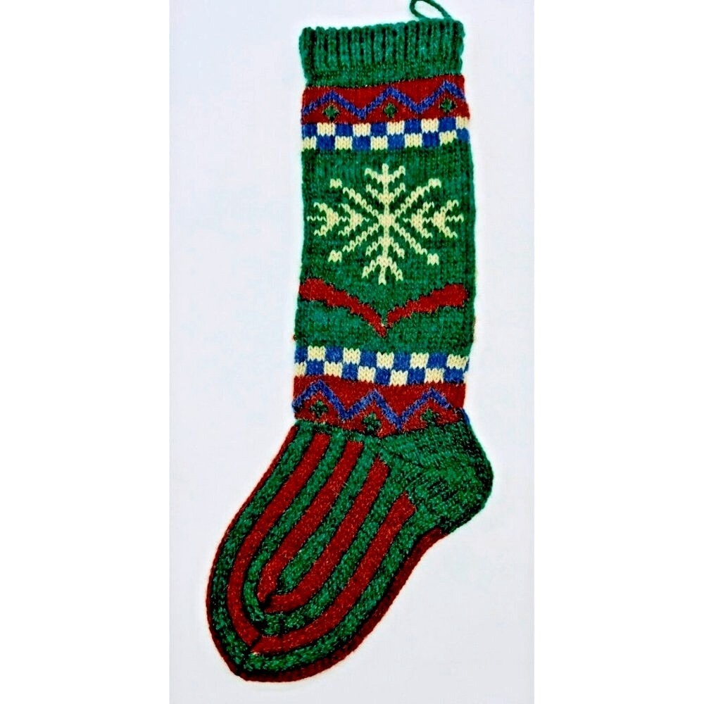 Russ Berrie‎ Knit Christmas Stocking Snowflake Stripes Vintage 20 inch